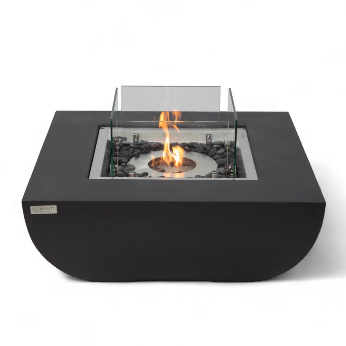 Aurora bioethanol fire pit in matte black with glass windscreen and bronze fire glass