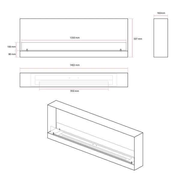 140 cm inbouw bio-ethanol haard - Zwart