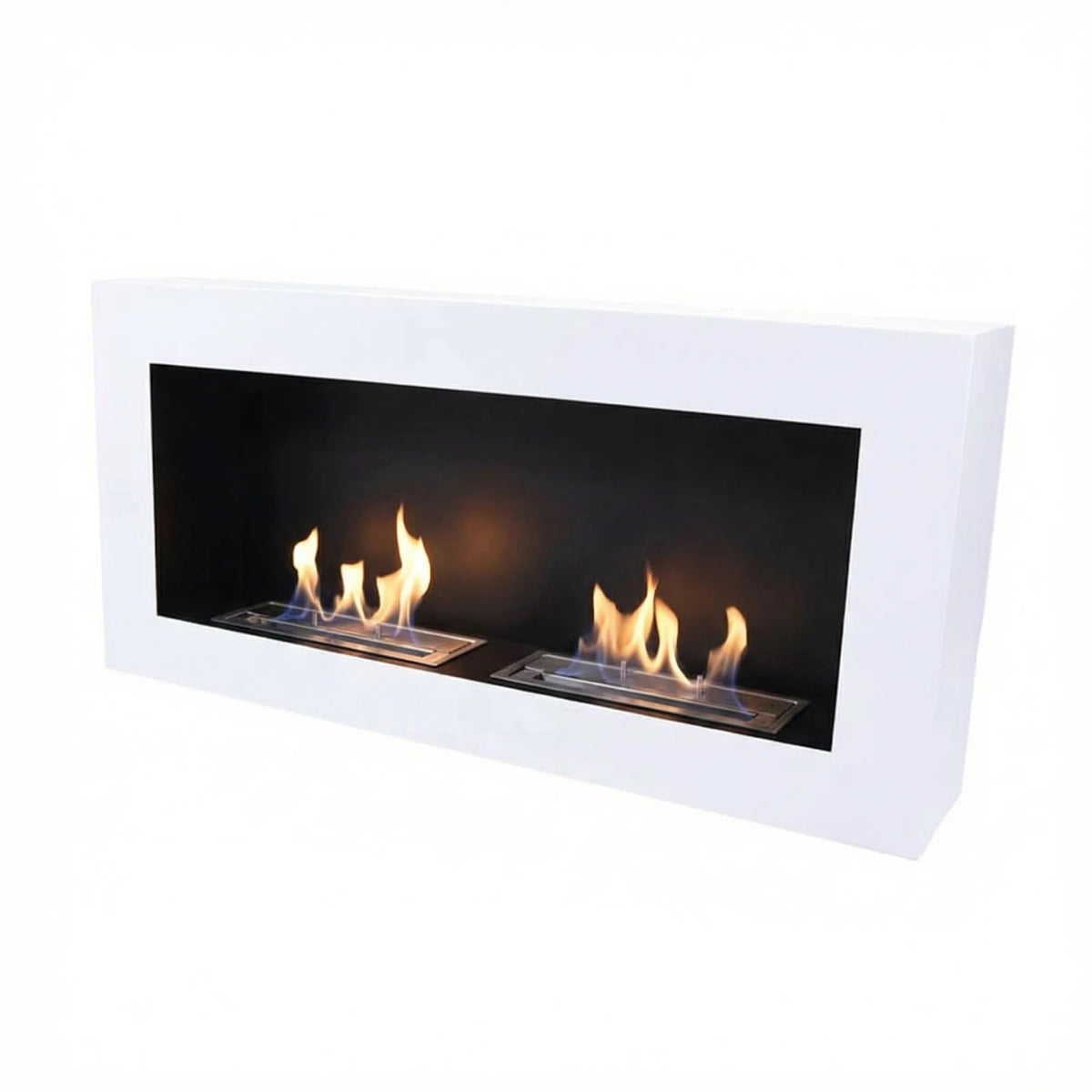 Large white wall-mounted bioethanol fireplace with two lit realistic flames, angled studio photo on white background