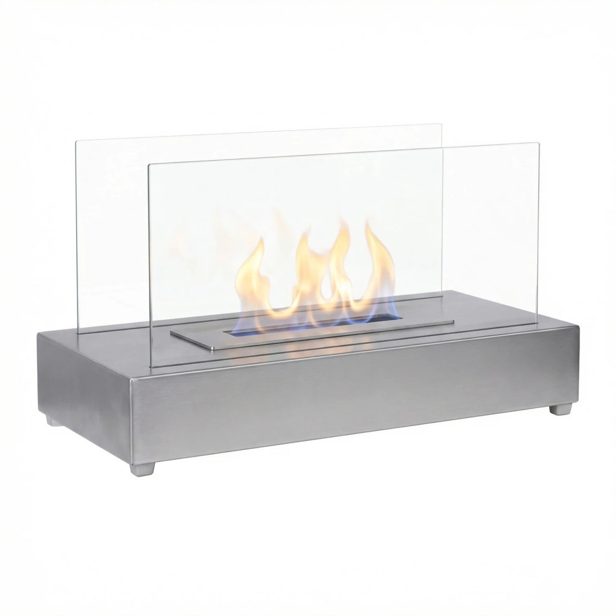 ScandiFlames Lambeth steel tabletop bioethanol fireplace with a lit flame, studio shot on white background