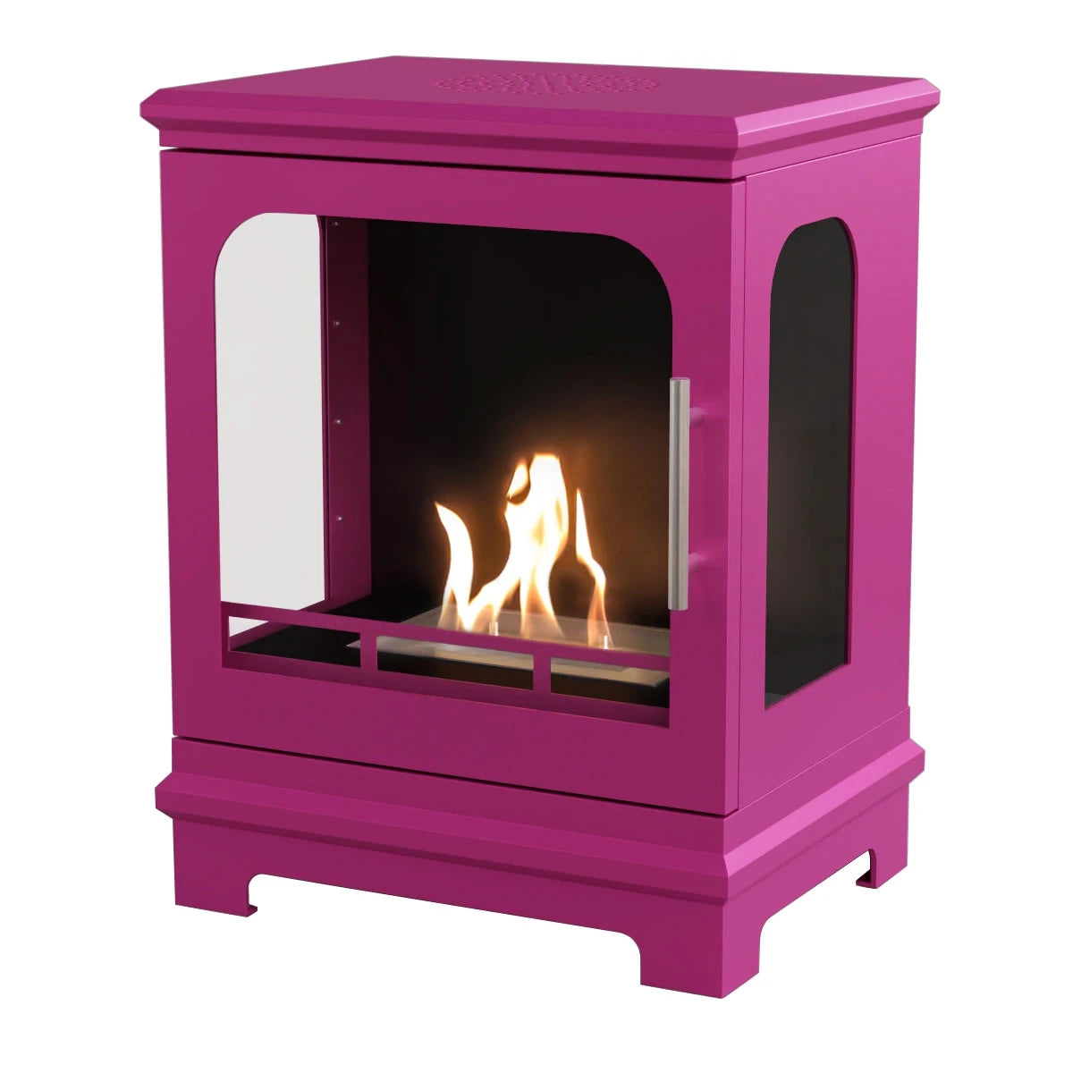 ScandiFlames Honolulu pink freestanding bioethanol stove, lit, studio shot on white background