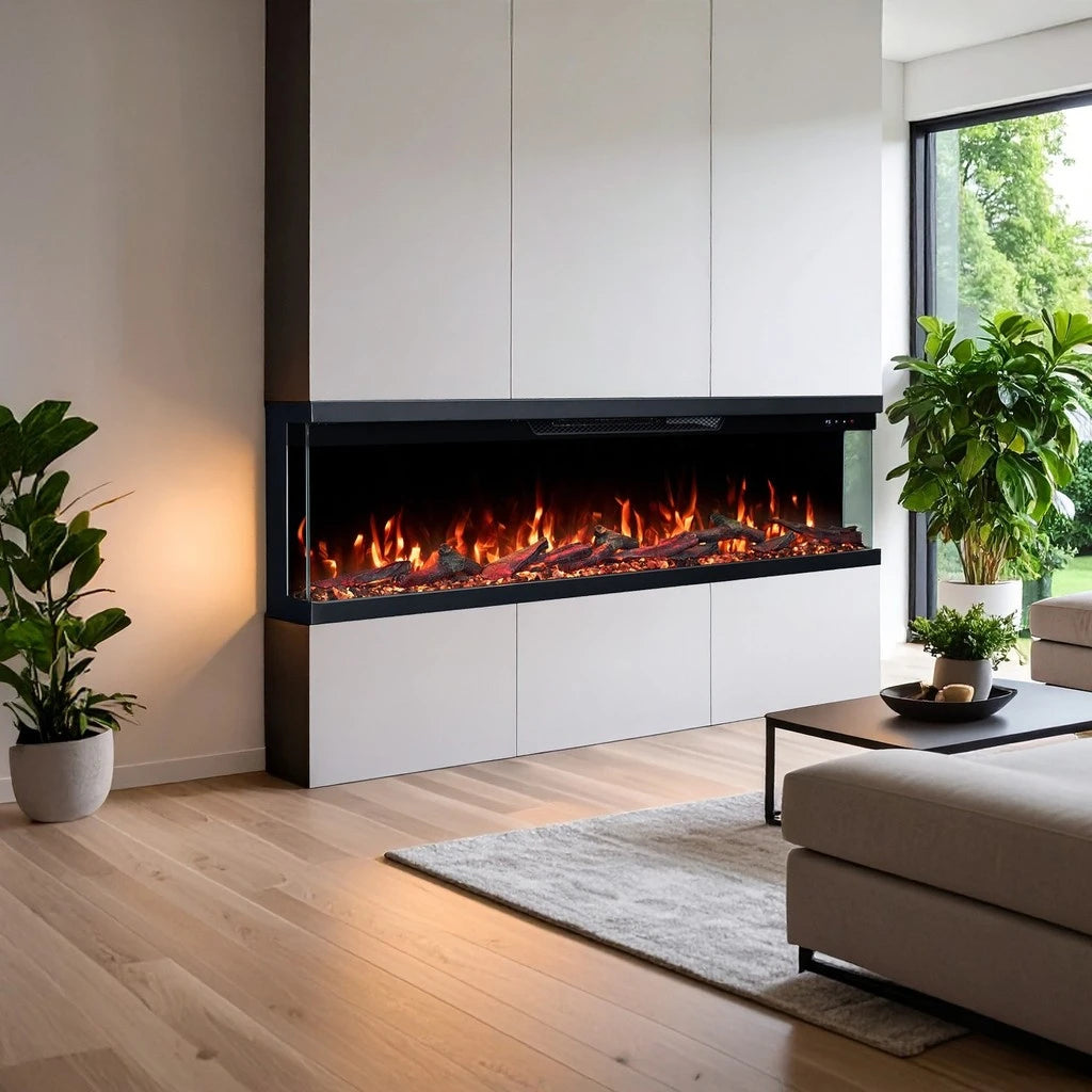 driezijdige elektrische haard in een woonkamer