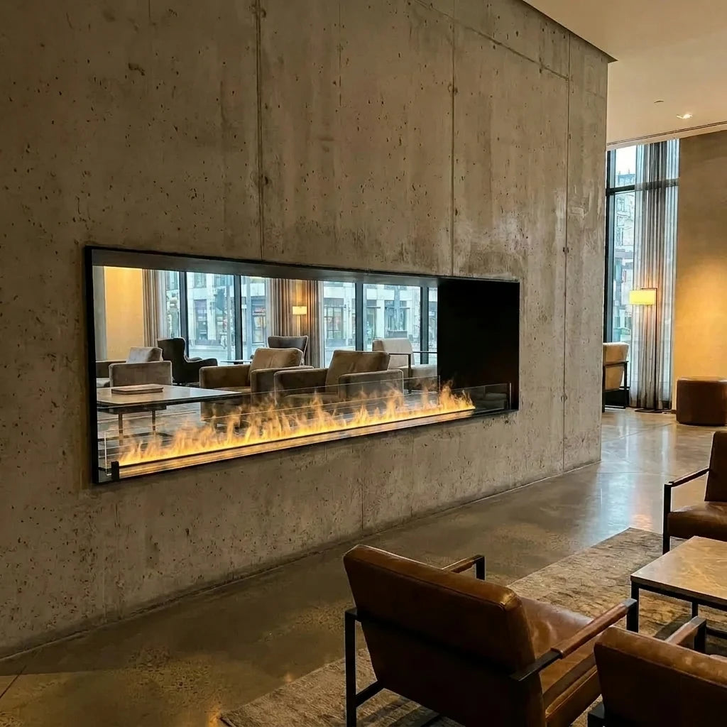 Foco Myst Two 1800 see-through water vapour fireplace with one long water vapour flame in a living room