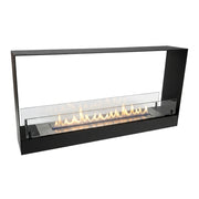 Double-sided built-in bioethanol fireplace, front view with lit flame
