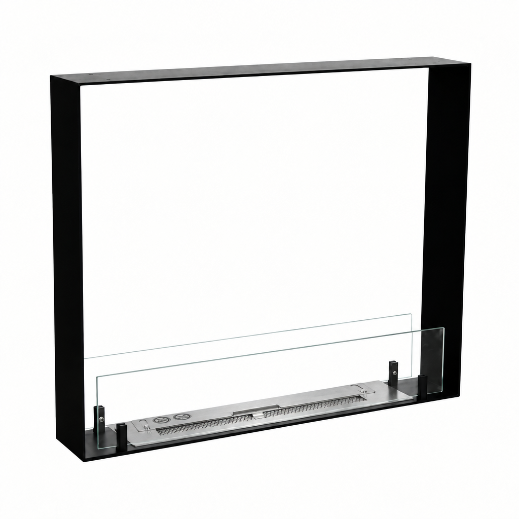 Foco Two 600 Ultra Slim bioethanol fireplace, unlit, showing the burner in its inset ledge