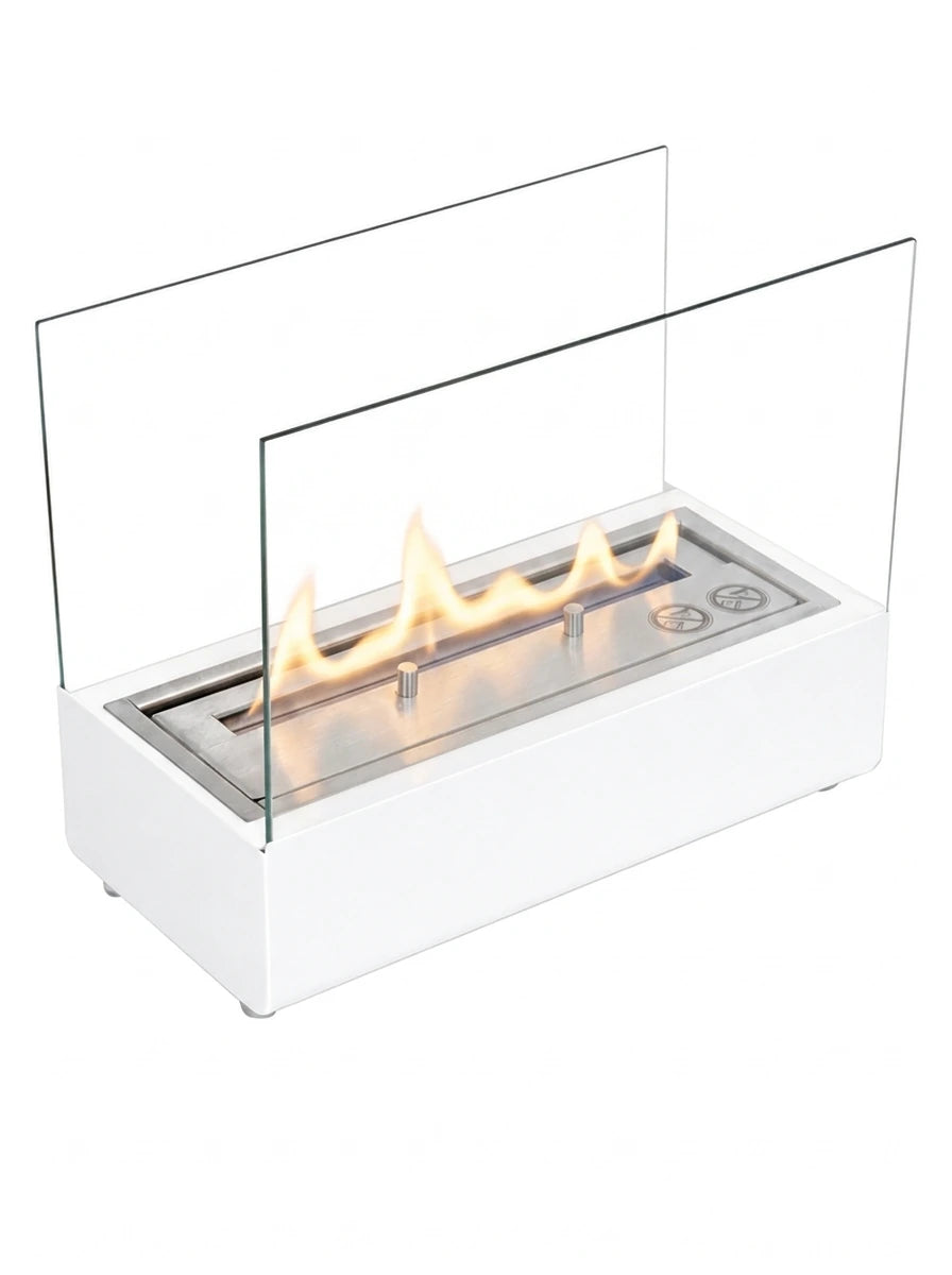 ScandiFlames white tabletop bioethanol fireplace, lit with a realistic flame, white studio shot