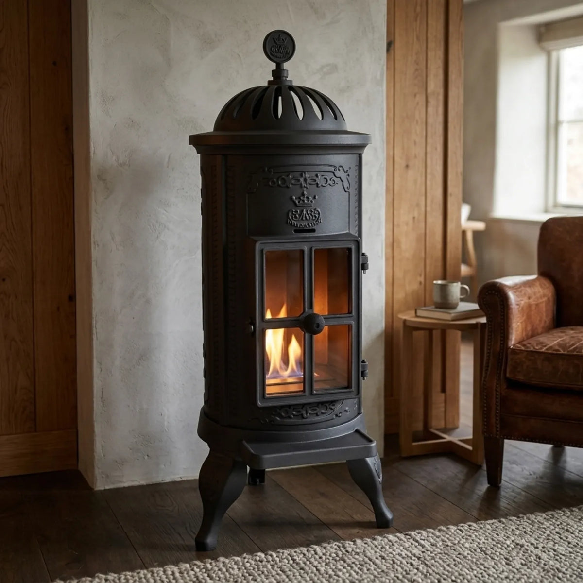 Westbo Carl 120 cast iron bioethanol fireplace with a lit orange flame in a rustic modern living room with wood panelling and a plaster wall.