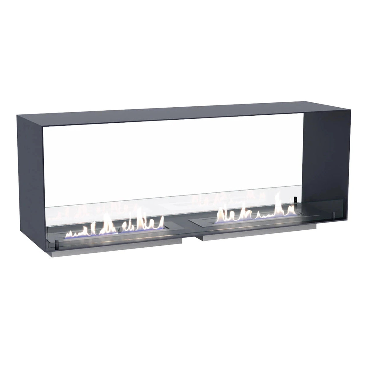 Foco Two 1400 Double bioethanol fireplace, white background studio shot with a lit flame