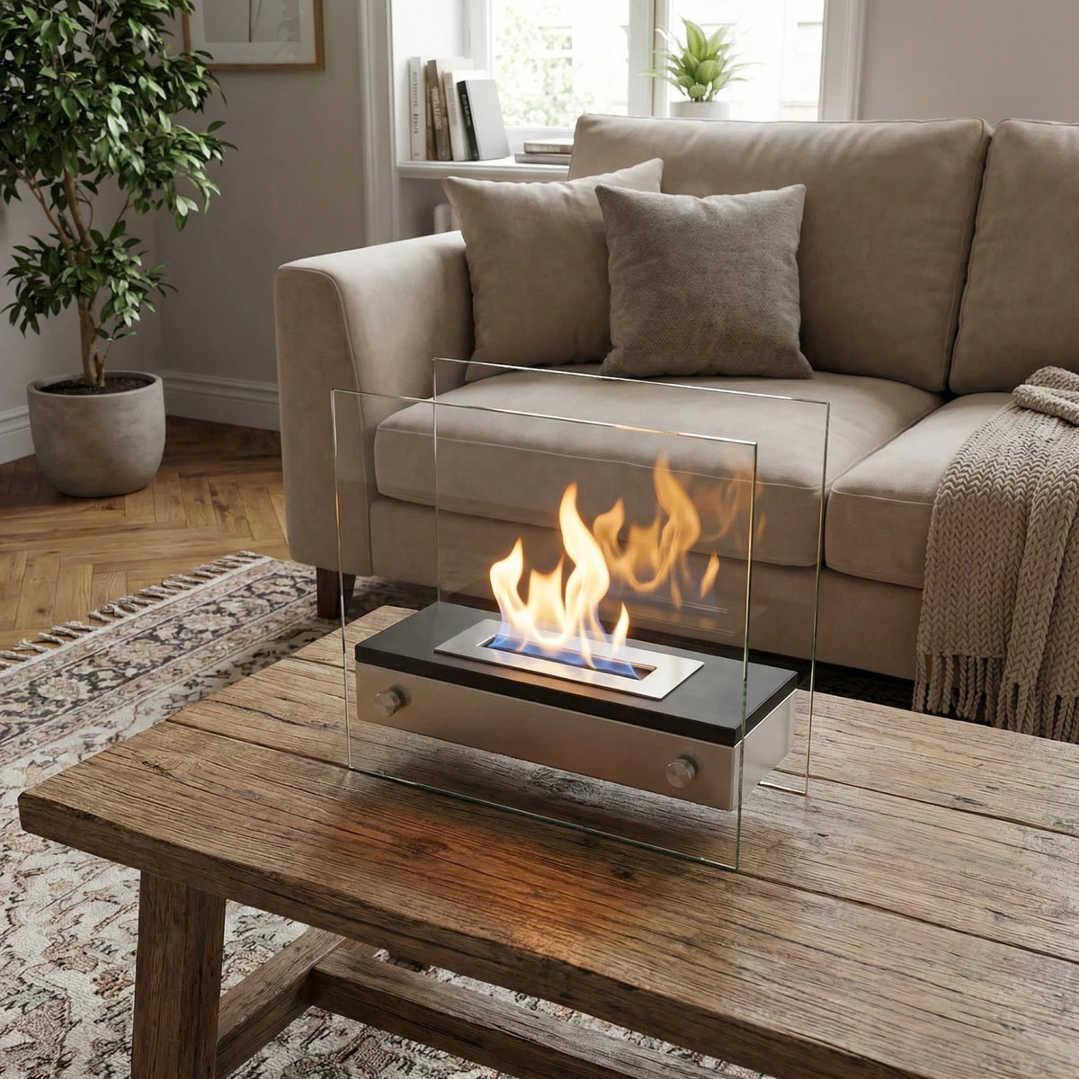 Merton table bioethanol fireplace lit on a table in a lifestyle setting