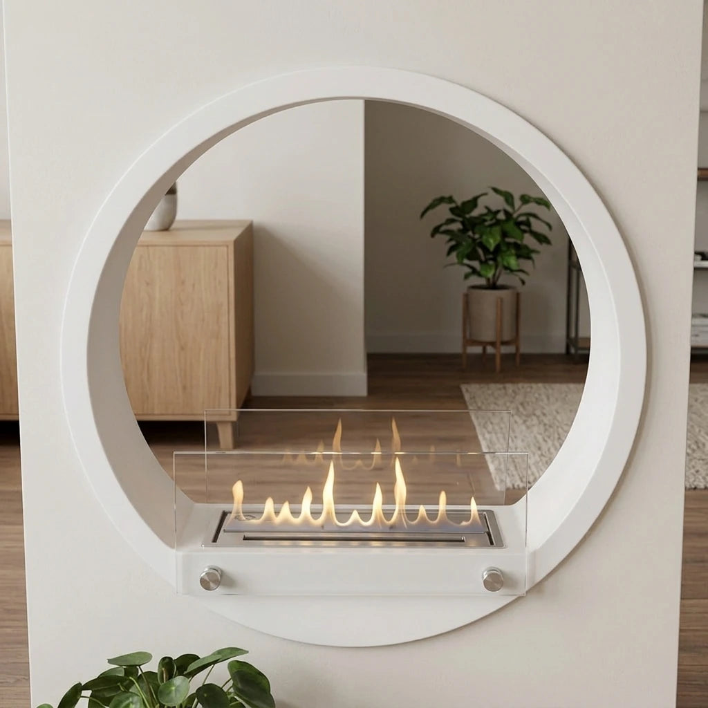 Round white built-in bioethanol fireplace in a room divider wall with a view through to the room on the other side