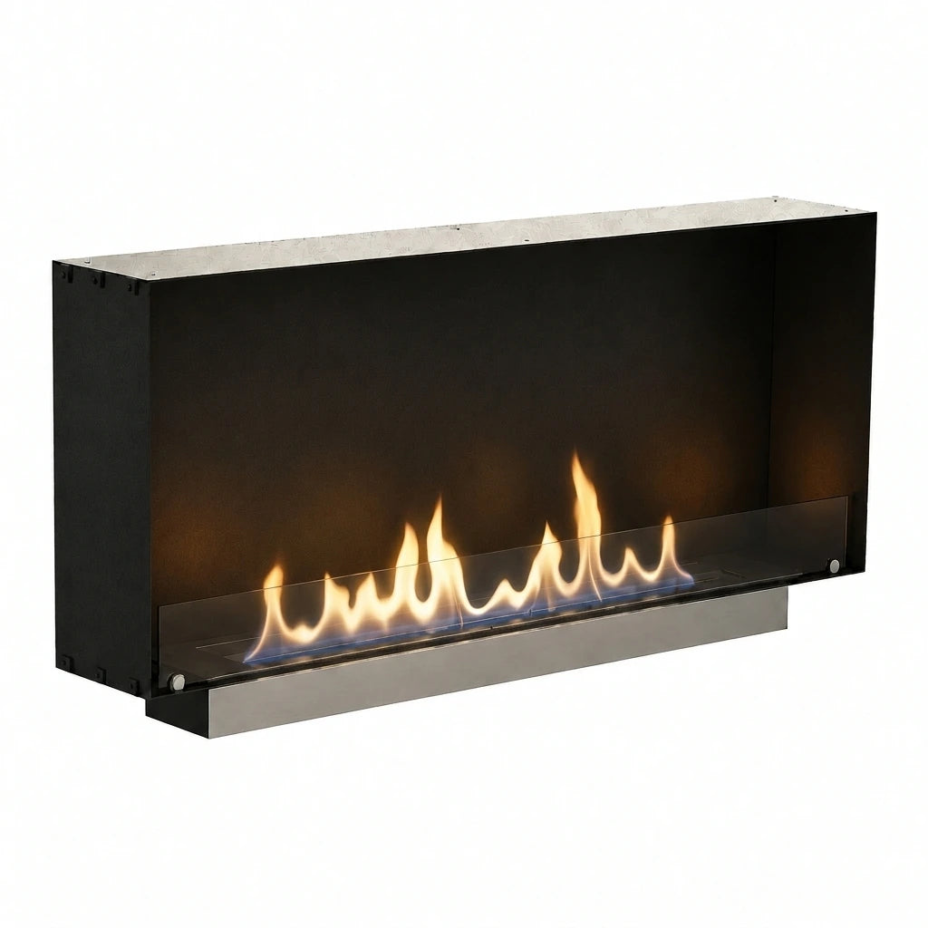 Foco One 1200 Slim - lit ethanol flame, angled studio view