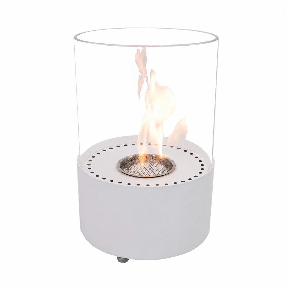 Kennington round white tabletop bioethanol fireplace with lit flame, white studio background