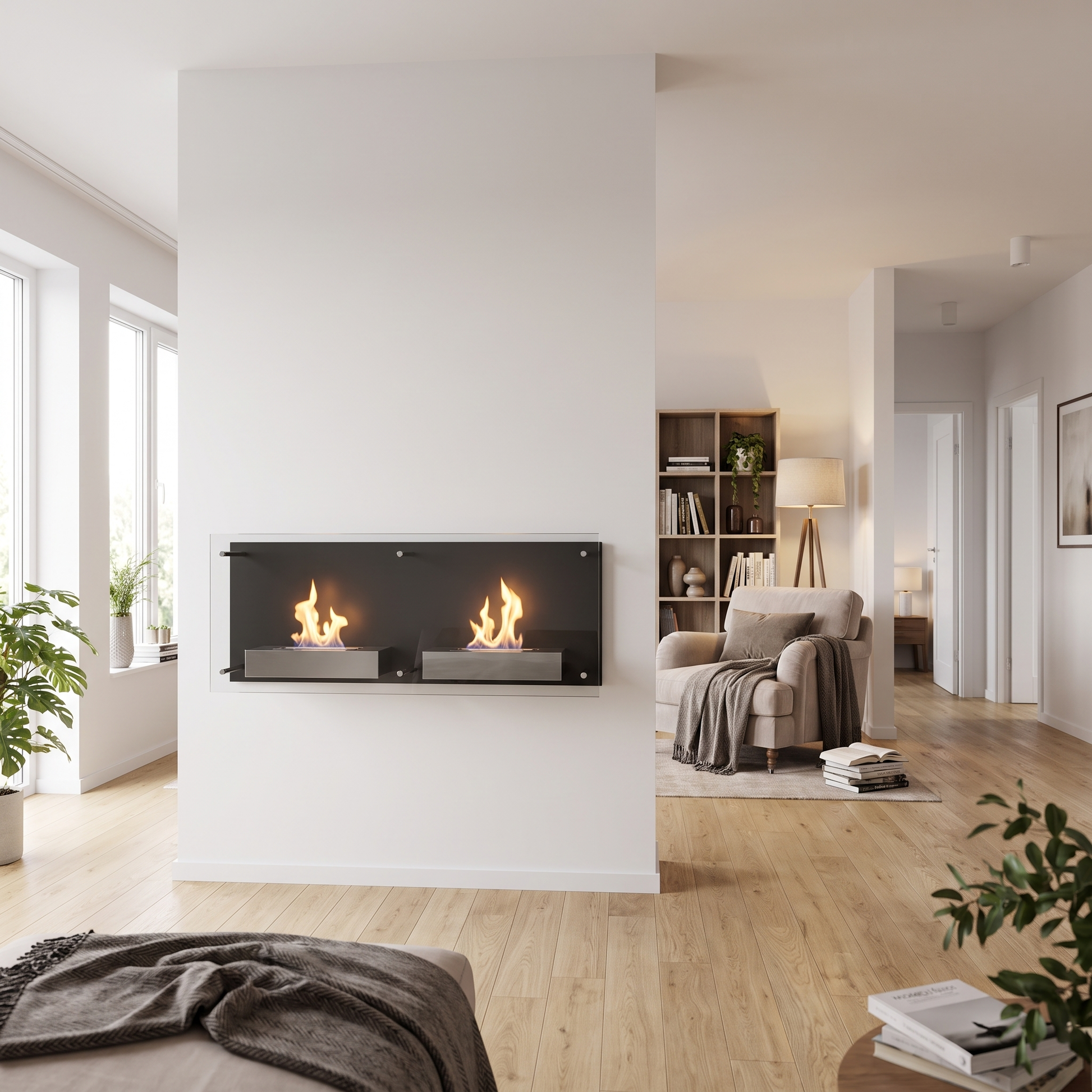 Double Nevada bioethanol wall-mounted fireplace with lit flames, styled in a spacious open-plan living room with a reading nook, bookshelf and hallway visible