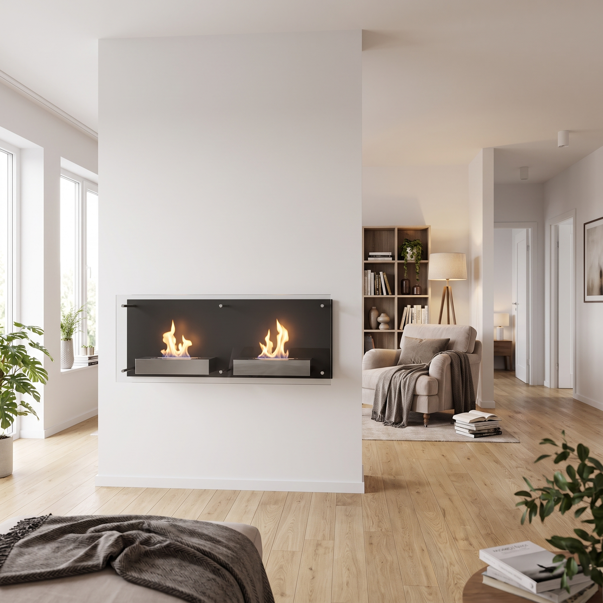 Double Nevada bioethanol wall-mounted fireplace with lit flames, styled in a spacious open-plan living room with a reading nook, bookshelf and hallway visible