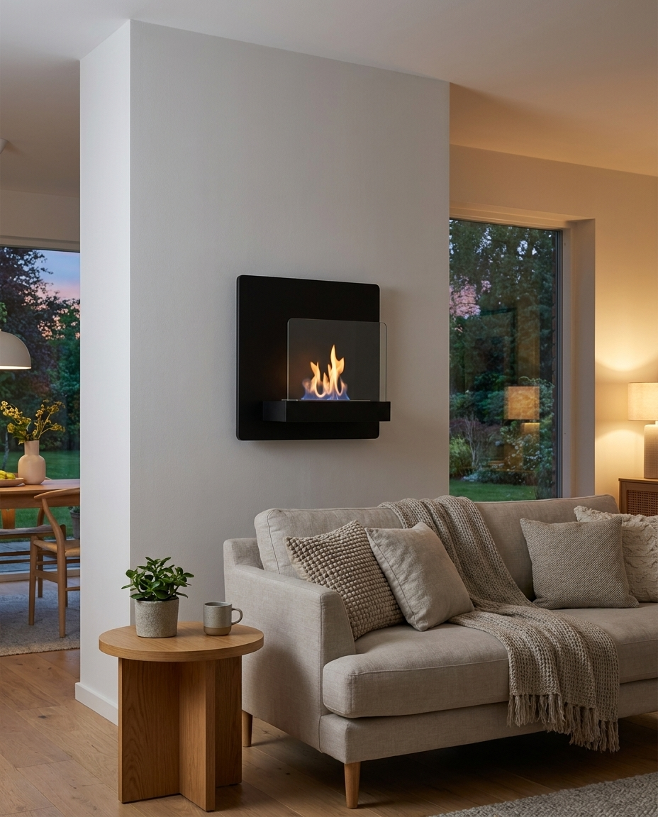 AI-generated lifestyle shot of a small black wall-mounted bioethanol fireplace lit on a wall pillar in a bright Scandinavian living room at dusk, sofa and garden view in the background