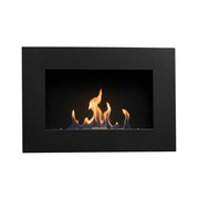 Murus 800 black wall-mounted bio fireplace, front view with lit flame on white background