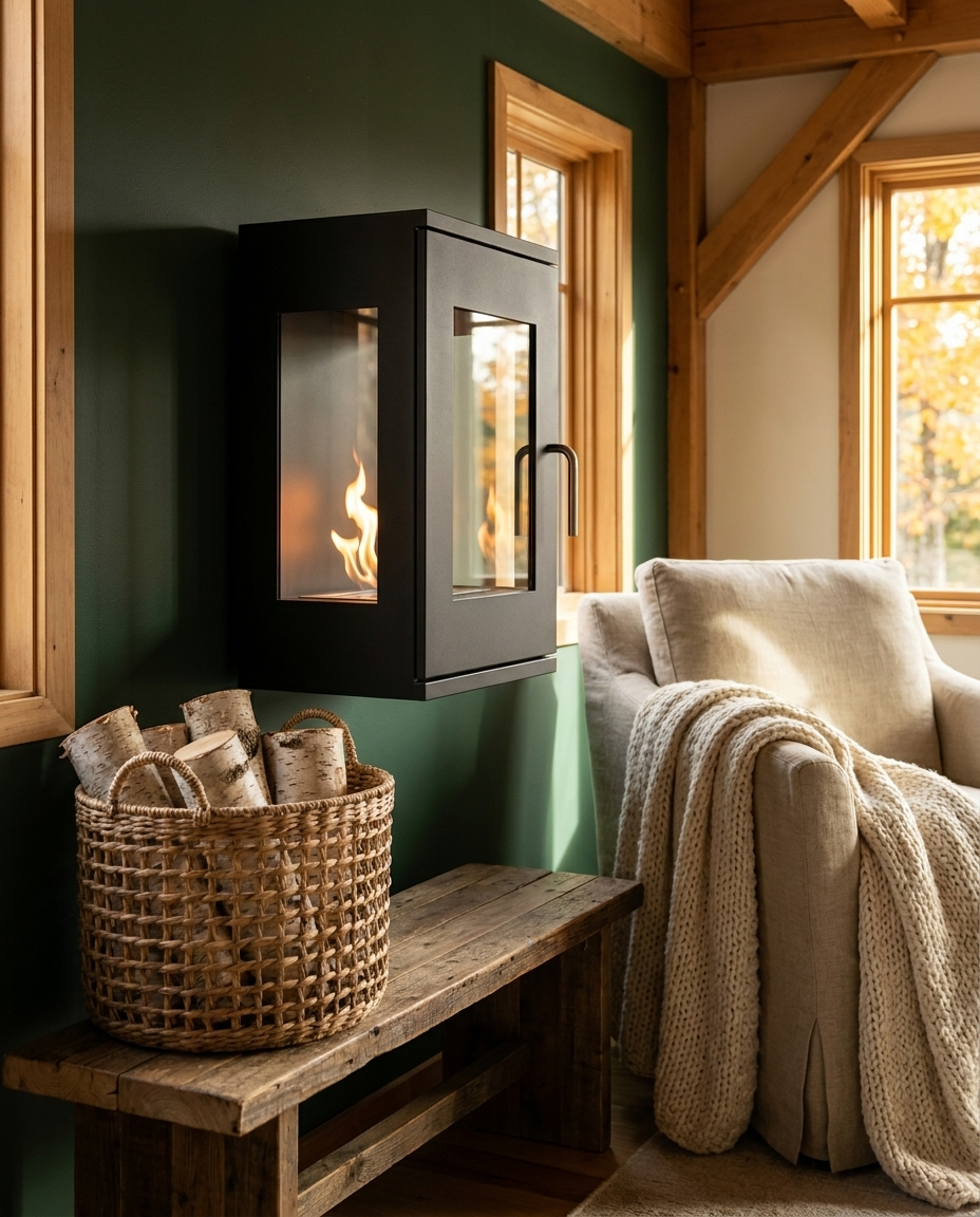 Cheyenne Black wall-mounted bioethanol stove fireplace on a forest-green wall in a cozy cabin-style living room with a wicker log basket