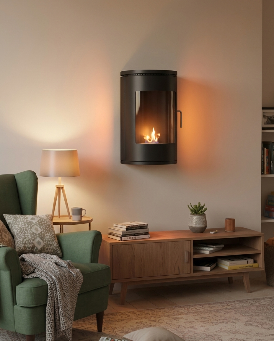 Richmond Black wall-mounted bioethanol stove with lit realistic flame, mounted above a wooden console in a cozy living room with a green armchair