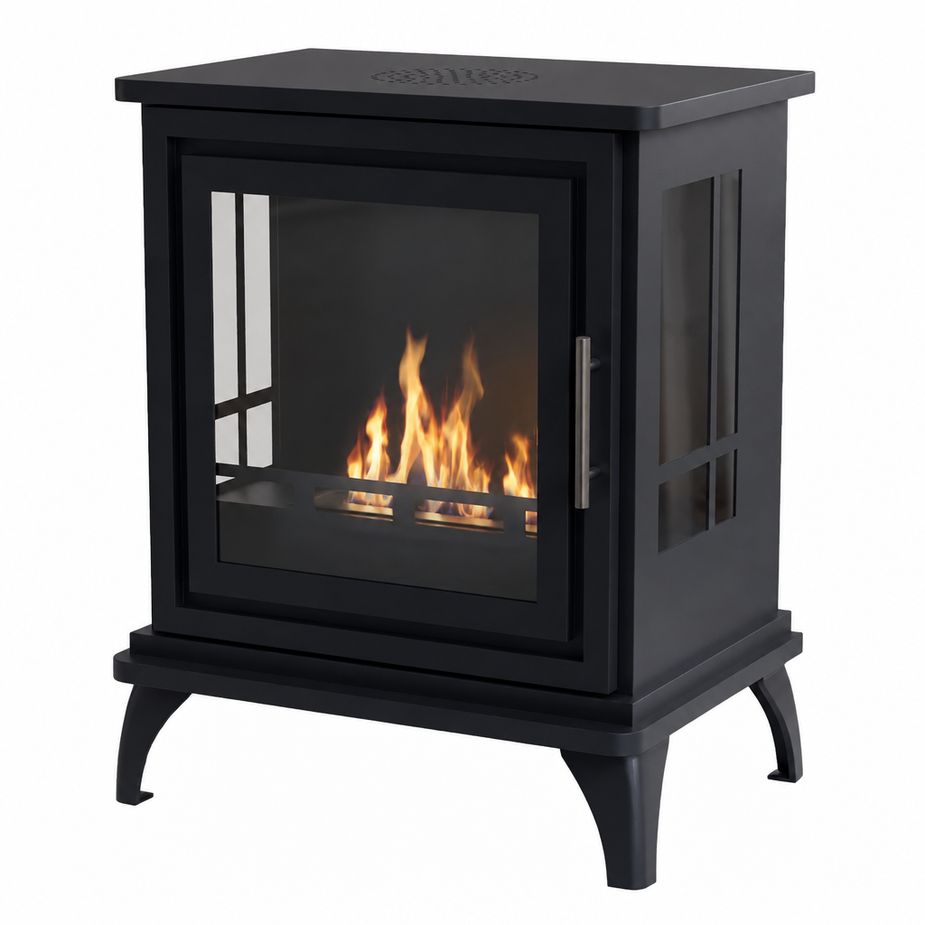 ScandiFlames Nashville black freestanding bioethanol stove with a lit flame, angled studio view