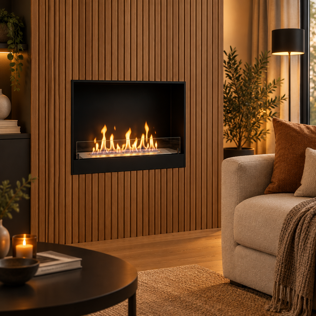60 cm black bio fire insert lit and built into a modern wood-slat accent wall in a cozy living room