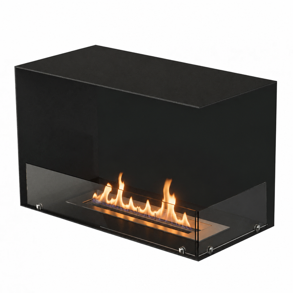 Foco Corner Right 800 with a realistic lit ethanol flame, white-background studio shot.