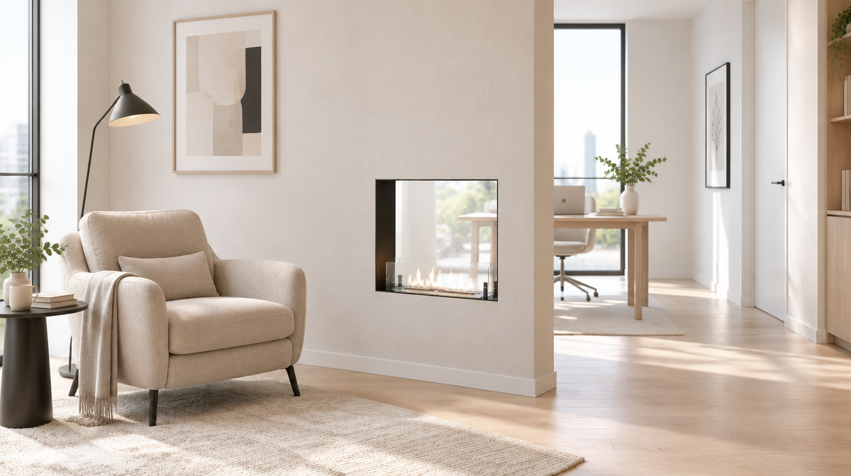Foco Two 600 Ultra Slim bioethanol fireplace built into a partition wall in a bright modern lounge nook, lit flame