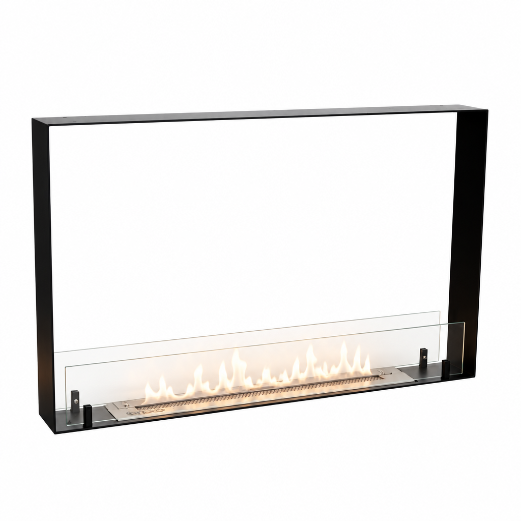 Foco Two 800 Ultra Slim bioethanol fireplace with lit flame, white background studio shot