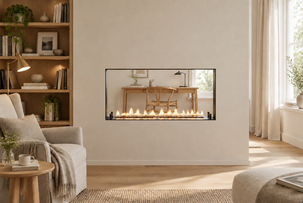 Foco Two 1000 Ultra Slim bioethanol fireplace built into a slim partition wall in a bright home office and reading nook with a calm lit flame