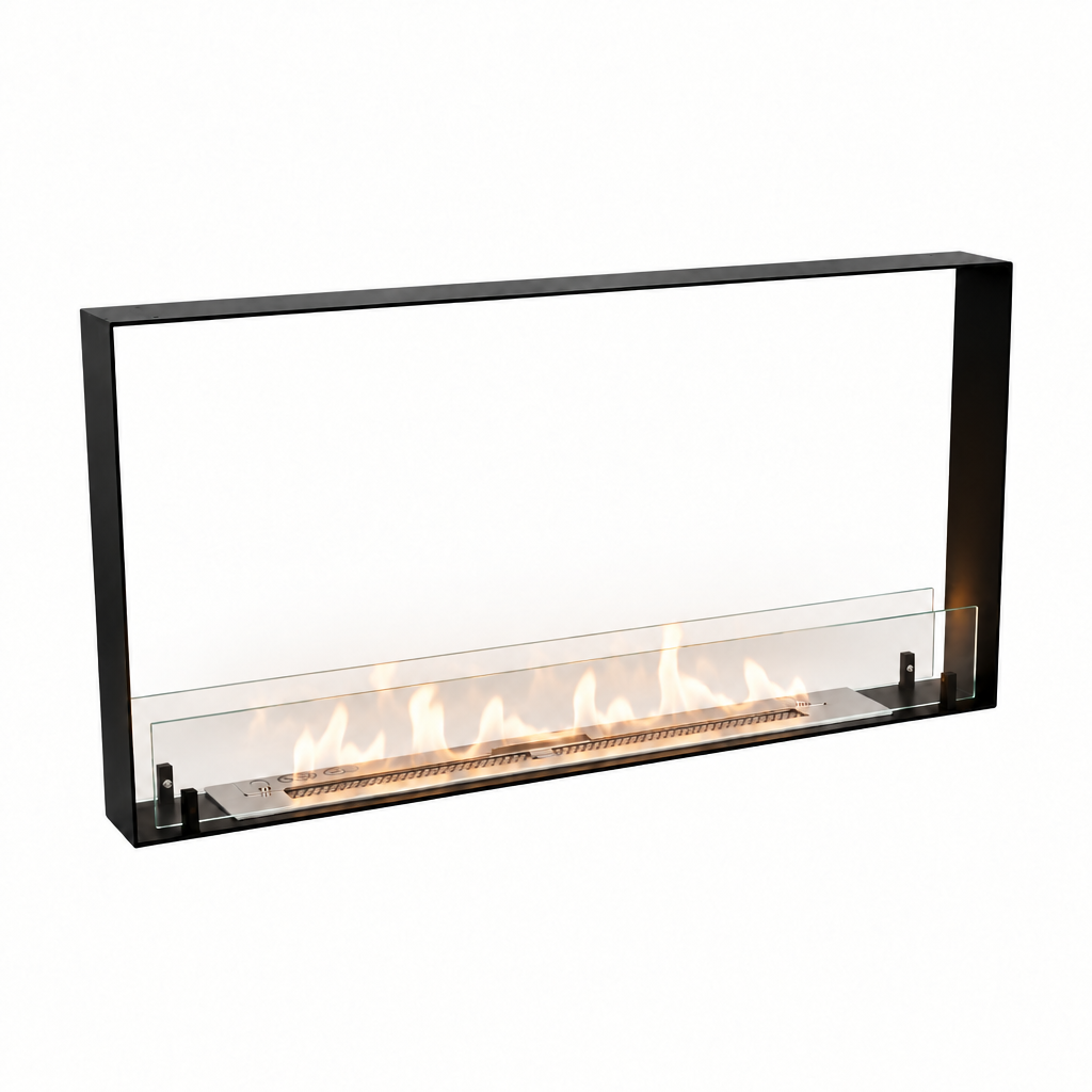 Foco Two 1000 Ultra Slim bioethanol fireplace with lit flame, white background studio shot