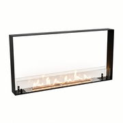Foco Two 1000 Ultra Slim bioethanol fireplace with lit flame, white background studio shot