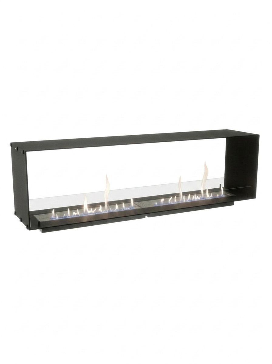 Foco Two 1800 double-sided bioethanol fireplace with a realistic lit flame, white background studio shot