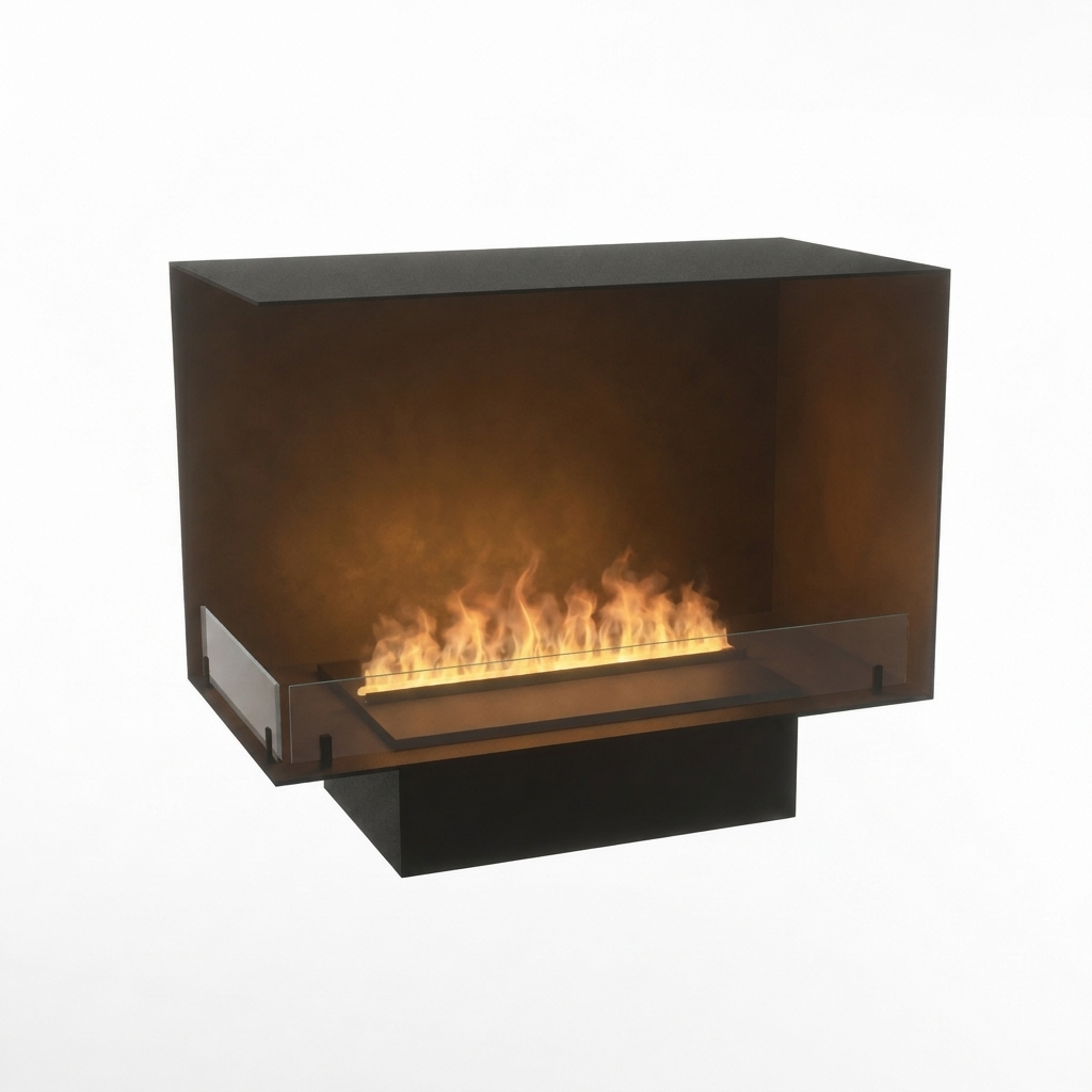 Foco Myst Corner Left 800 water vapour fireplace, studio shot with realistic Opti-myst flame effect