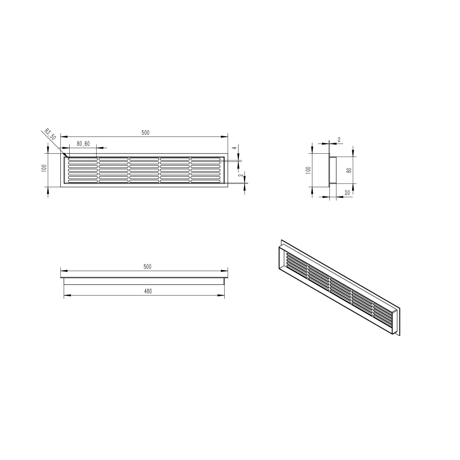 Ventilatierooster Zwart - 50x10 cm - 214 cm²